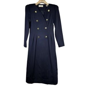 Vintage Albert Nipon Wool Executive Dress Size 4 Navy Double Breasted 80s Career